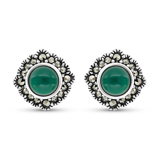 [EAR04MAR00GAGA448] Sterling Silver 925 Earring Embedded With Natural Green Agate And Marcasite Stones