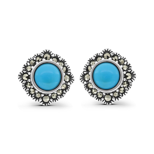 [EAR04MAR00TRQA448] Sterling Silver 925 Earring Embedded With Natural Processed Turquoise And Marcasite Stones