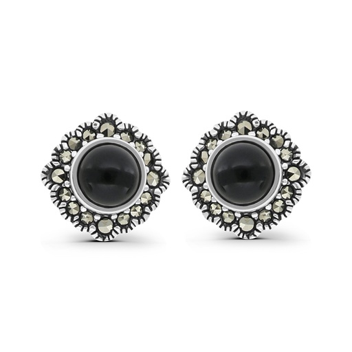 [EAR04MAR00ONXA448] Sterling Silver 925 Earring Embedded With Natural Black Agate And Marcasite Stones