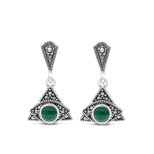 [EAR04MAR00GAGA449] Sterling Silver 925 Earring Embedded With Natural Green Agate And Marcasite Stones