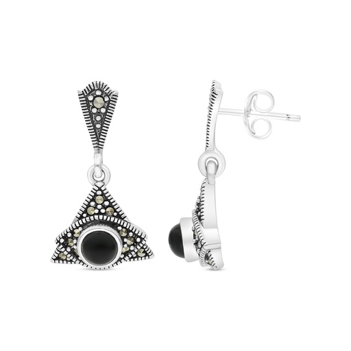 [EAR04MAR00ONXA449] Sterling Silver 925 Earring Embedded With Natural Black Agate And Marcasite Stones