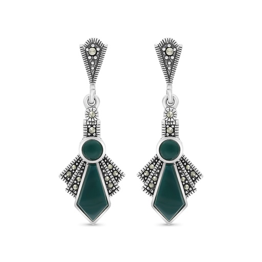 [EAR04MAR00GAGA450] Sterling Silver 925 Earring Embedded With Natural Green Agate And Marcasite Stones