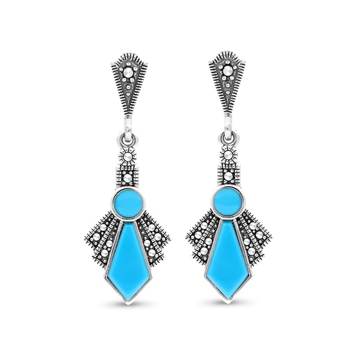 [EAR04MAR00TRQA450] Sterling Silver 925 Earring Embedded With Natural Processed Turquoise And Marcasite Stones