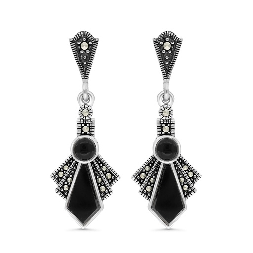 [EAR04MAR00ONXA450] Sterling Silver 925 Earring Embedded With Natural Black Agate And Marcasite Stones