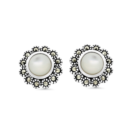 [EAR04MAR00MOPA451] Sterling Silver 925 Earring Embedded With Natural White Shell And Marcasite Stones