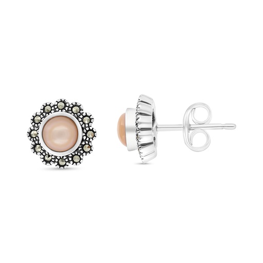 [EAR04MAR00PNKA451] Sterling Silver 925 Earring Embedded With Natural Pink Shell And Marcasite Stones