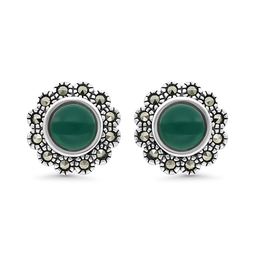 [EAR04MAR00GAGA451] Sterling Silver 925 Earring Embedded With Natural Green Agate And Marcasite Stones