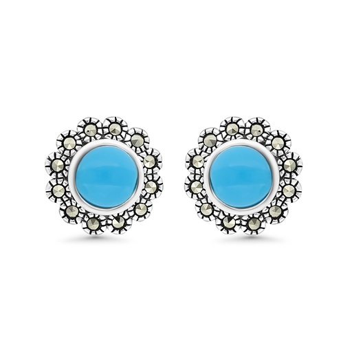 [EAR04MAR00TRQA451] Sterling Silver 925 Earring Embedded With Natural Processed Turquoise And Marcasite Stones