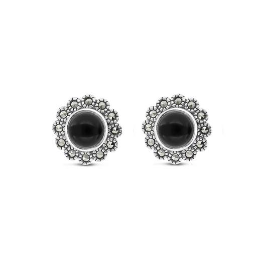 [EAR04MAR00ONXA451] Sterling Silver 925 Earring Embedded With Natural Black Agate And Marcasite Stones
