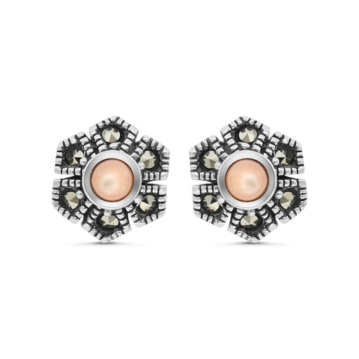 [EAR04MAR00PNKA452] Sterling Silver 925 Earring Embedded With Natural Pink Shell And Marcasite Stones