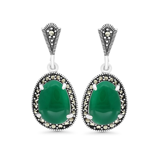 [EAR04MAR00GAGA453] Sterling Silver 925 Earring Embedded With Natural Green Agate And Marcasite Stones