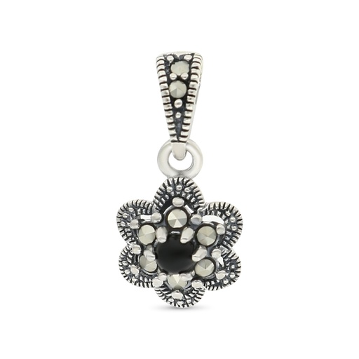 [PND04MAR00ONXA546] Sterling Silver 925 Pendant Embedded With Natural Black Agate And Marcasite Stones
