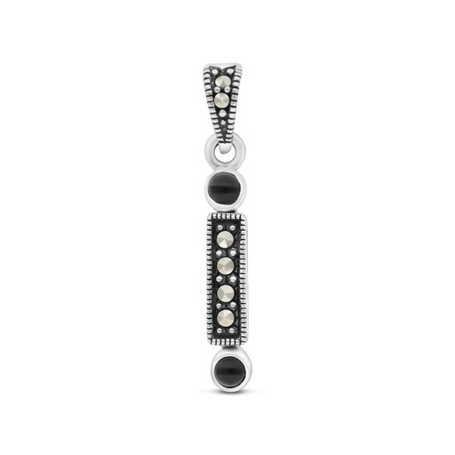 [PND04MAR00ONXA423] Sterling Silver 925 Pendant Embedded With Natural Black Agate And Marcasite Stones