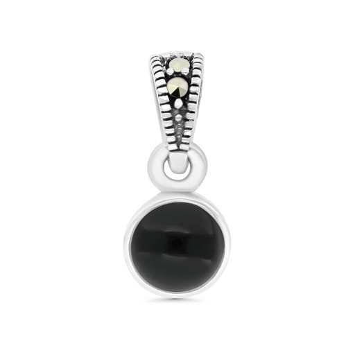 [PND04MAR00ONXA548] Sterling Silver 925 Pendant Embedded With Natural Black Agate And Marcasite Stones