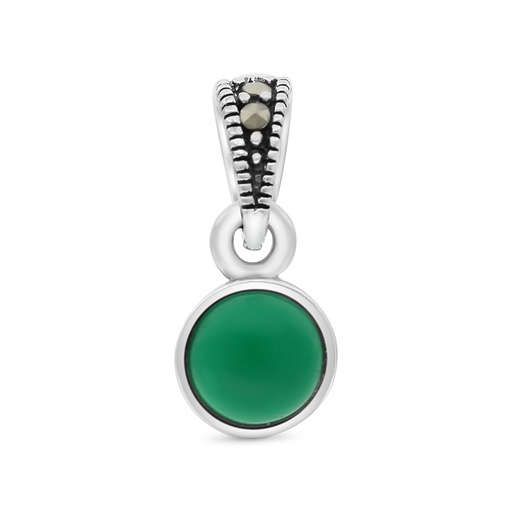 [PND04MAR00GAGA548] Sterling Silver 925 Pendant Embedded With Natural Green Agate And Marcasite Stones
