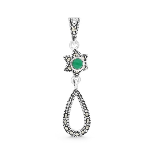 [PND04MAR00GAGA424] Sterling Silver 925 Pendant Embedded With Natural Green Agate And Marcasite Stones