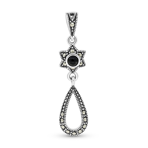 [PND04MAR00ONXA424] Sterling Silver 925 Pendant Embedded With Natural Black Agate And Marcasite Stones