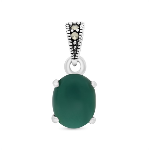 [PND04MAR00GAGA426] Sterling Silver 925 Pendant Embedded With Natural Green Agate And Marcasite Stones