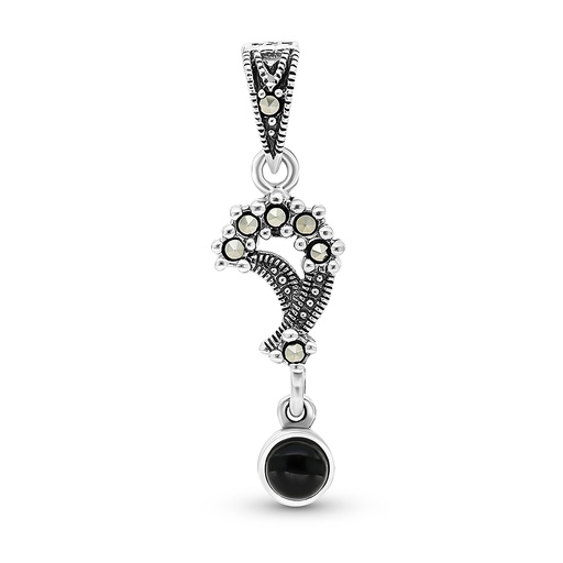 [PND04MAR00ONXA429] Sterling Silver 925 Pendant Embedded With Natural Black Agate And Marcasite Stones