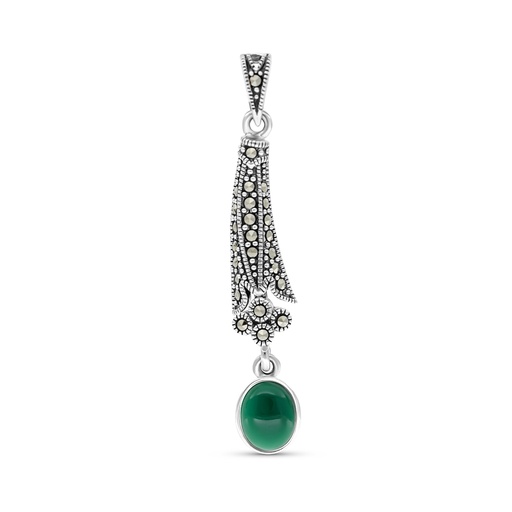 [PND04MAR00GAGA435] Sterling Silver 925 Pendant Embedded With Natural Green Agate And Marcasite Stones