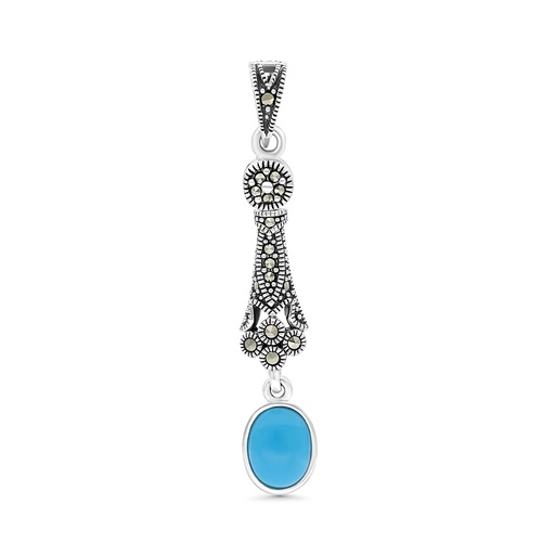 [PND04MAR00TRQA435] Sterling Silver 925 Pendant Embedded With Natural Processed Turquoise And Marcasite Stones