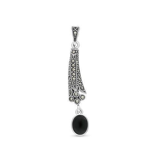 [PND04MAR00ONXA435] Sterling Silver 925 Pendant Embedded With Natural Black Agate And Marcasite Stones