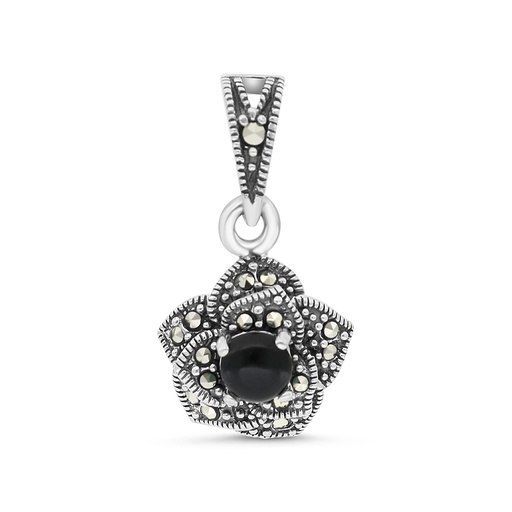 [PND04MAR00ONXA448] Sterling Silver 925 Pendant Embedded With Natural Black Agate And Marcasite Stones