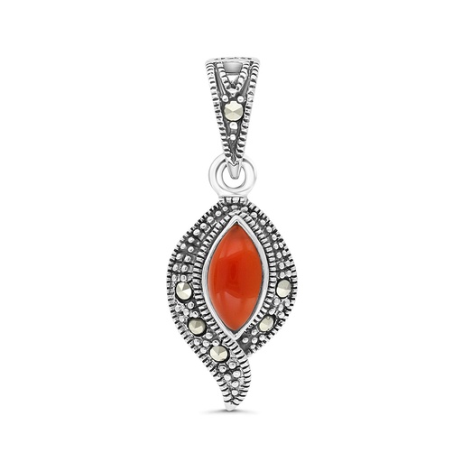 [PND04MAR00RAGA451] Sterling Silver 925 Pendant Embedded With Natural Aqiq And Marcasite Stones