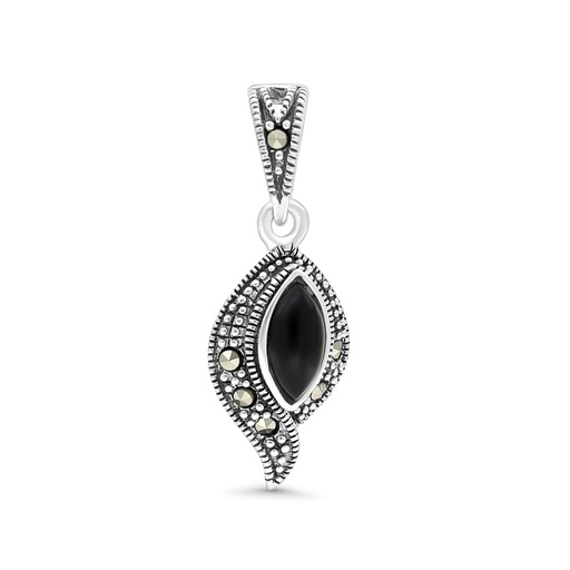 [PND04MAR00ONXA451] Sterling Silver 925 Pendant Embedded With Natural Black Agate And Marcasite Stones