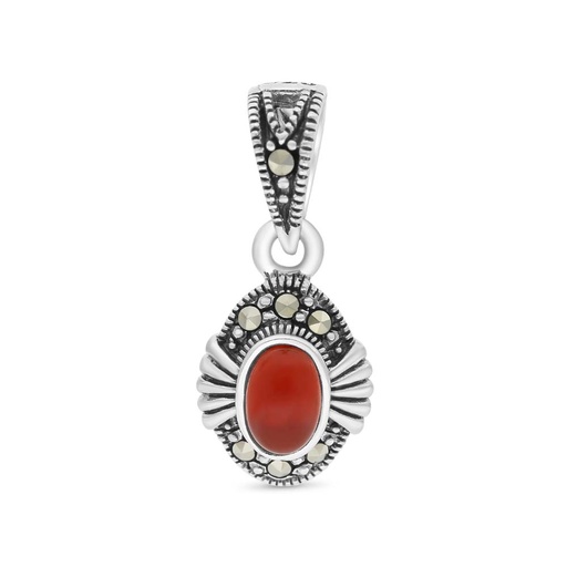 [PND04MAR00RAGA458] Sterling Silver 925 Pendant Embedded With Natural Aqiq And Marcasite Stones