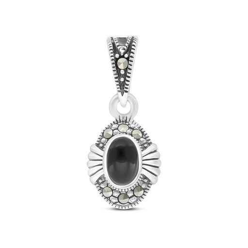 [PND04MAR00ONXA458] Sterling Silver 925 Pendant Embedded With Natural Black Agate And Marcasite Stones