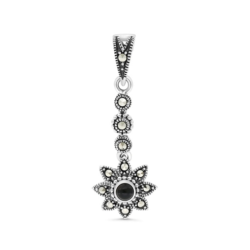 [PND04MAR00ONXA464] Sterling Silver 925 Pendant Embedded With Natural Black Agate And Marcasite Stones