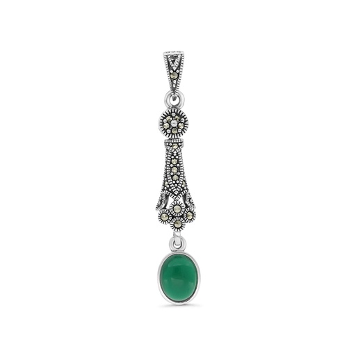 [PND04MAR00GAGA483] Sterling Silver 925 Pendant Embedded With Natural Green Agate And Marcasite Stones