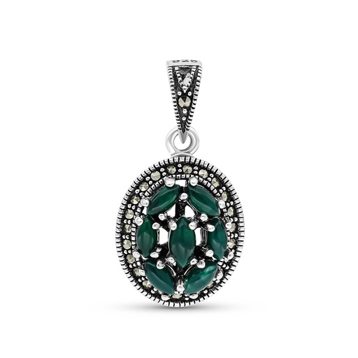 [PND04MAR00GAGA491] Sterling Silver 925 Pendant Embedded With Natural Green Agate And Marcasite Stones