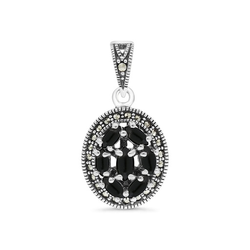 [PND04MAR00ONXA491] Sterling Silver 925 Pendant Embedded With Natural Black Agate And Marcasite Stones