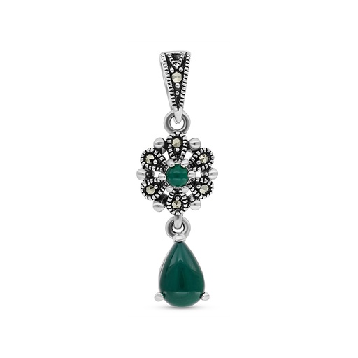 [PND04MAR00GAGA510] Sterling Silver 925 Pendant Embedded With Natural Green Agate And Marcasite Stones