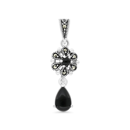 [PND04MAR00ONXA510] Sterling Silver 925 Pendant Embedded With Natural Black Agate And Marcasite Stones