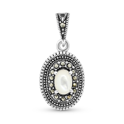 [PND04MAR00MOPA518] Sterling Silver 925 Pendant Embedded With Natural White Shell And Marcasite Stones
