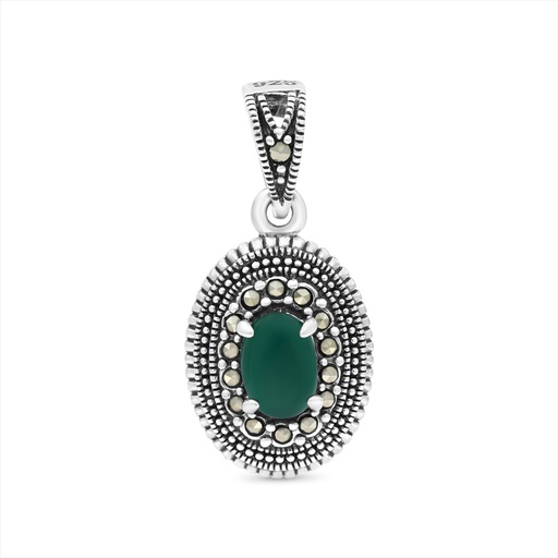 [PND04MAR00GAGA518] Sterling Silver 925 Pendant Embedded With Natural Green Agate And Marcasite Stones
