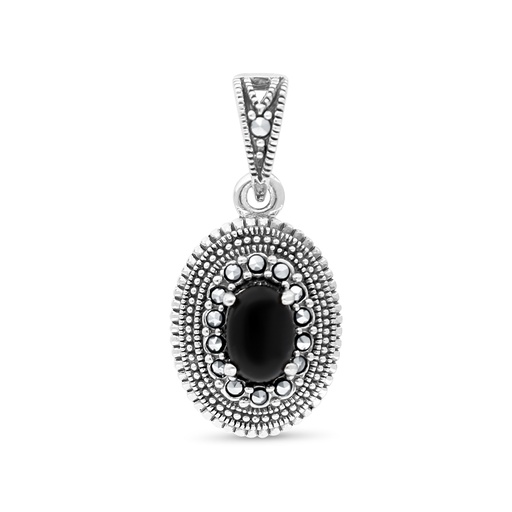 [PND04MAR00ONXA518] Sterling Silver 925 Pendant Embedded With Natural Black Agate And Marcasite Stones