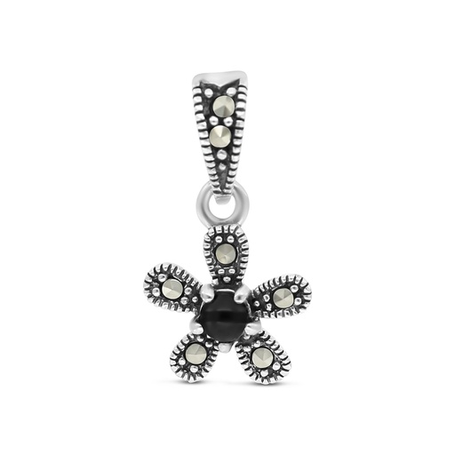[PND04MAR00ONXA526] Sterling Silver 925 Pendant Embedded With Natural Black Agate And Marcasite Stones