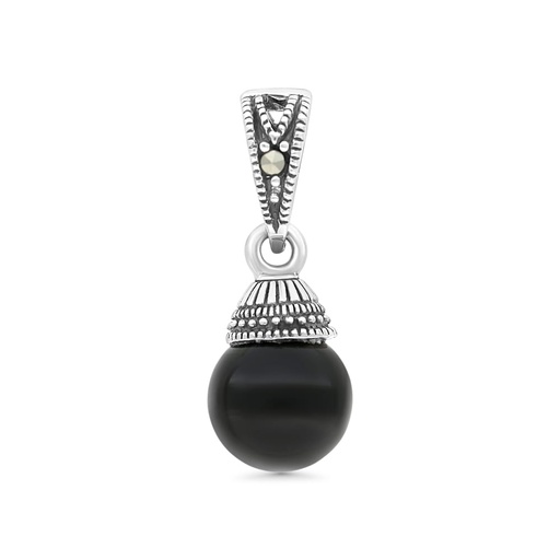 [PND04MAR00ONXA527] Sterling Silver 925 Pendant Embedded With Natural Black Agate And Marcasite Stones