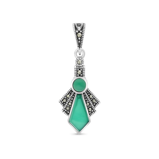 [PND04MAR00GAGA536] Sterling Silver 925 Pendant Embedded With Natural Green Agate And Marcasite Stones
