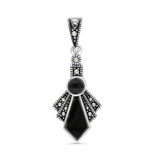 [PND04MAR00ONXA536] Sterling Silver 925 Pendant Embedded With Natural Black Agate And Marcasite Stones
