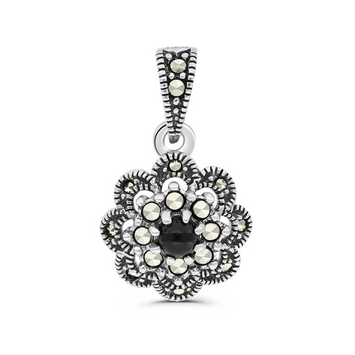 [PND04MAR00ONXA552] Sterling Silver 925 Pendant Embedded With Natural Black Agate And Marcasite Stones