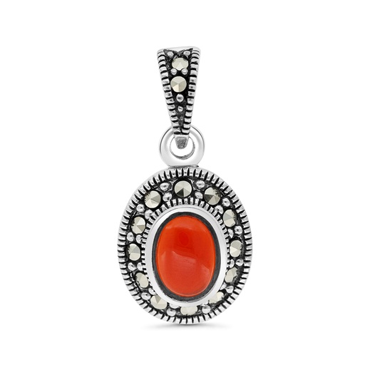 [PND04MAR00RAGA420] Sterling Silver 925 Pendant Embedded With Natural Aqiq And Marcasite Stones