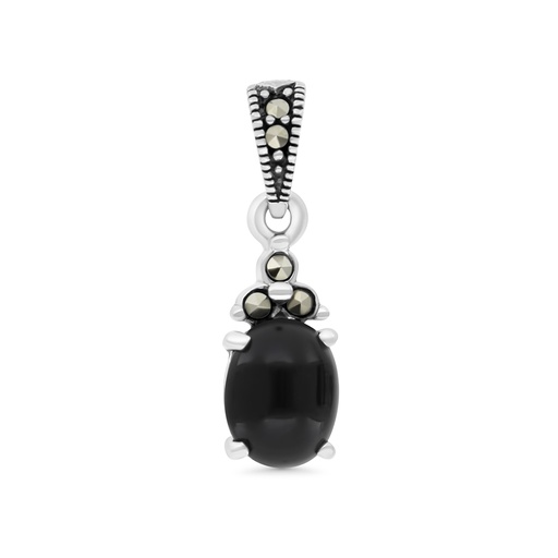 [PND04MAR00ONXA554] Sterling Silver 925 Pendant Embedded With Natural Black Agate And Marcasite Stones