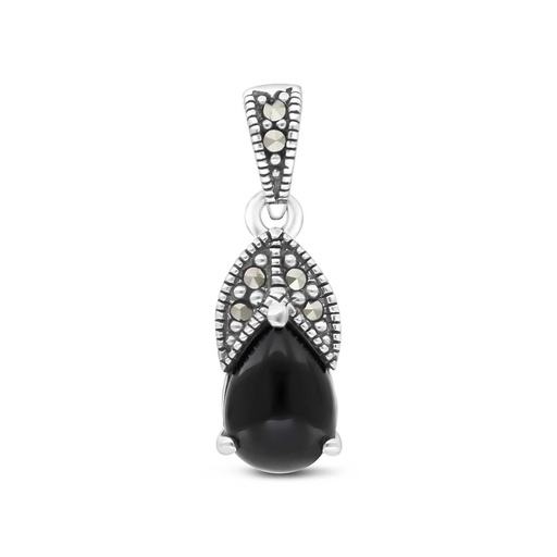[PND04MAR00ONXA418] Sterling Silver 925 Pendant Embedded With Natural Black Agate And Marcasite Stones