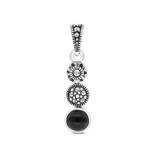 [PND04MAR00ONXA557] Sterling Silver 925 Pendant Embedded With Natural Black Agate And Marcasite Stones