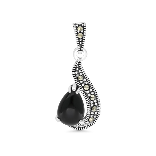 [PND04MAR00ONXA421] Sterling Silver 925 Pendant Embedded With Natural Black Agate And Marcasite Stones